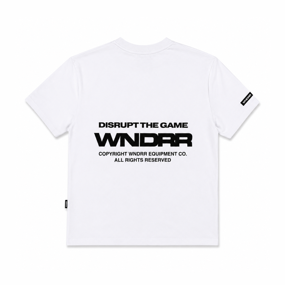 WNDRR Refrain white box fit tee back view with DISRUPT THE GAME graphic and WNDER logo
