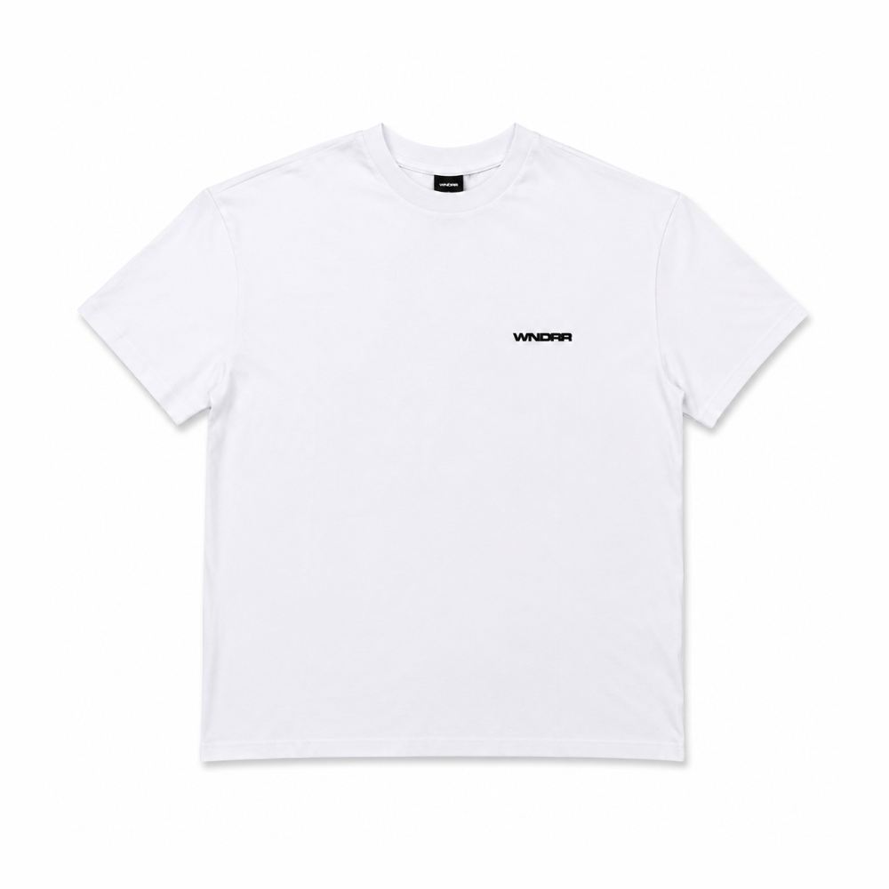 WNDRR Refrain white box fit men's tee front view with small chest logo and crew neck tag