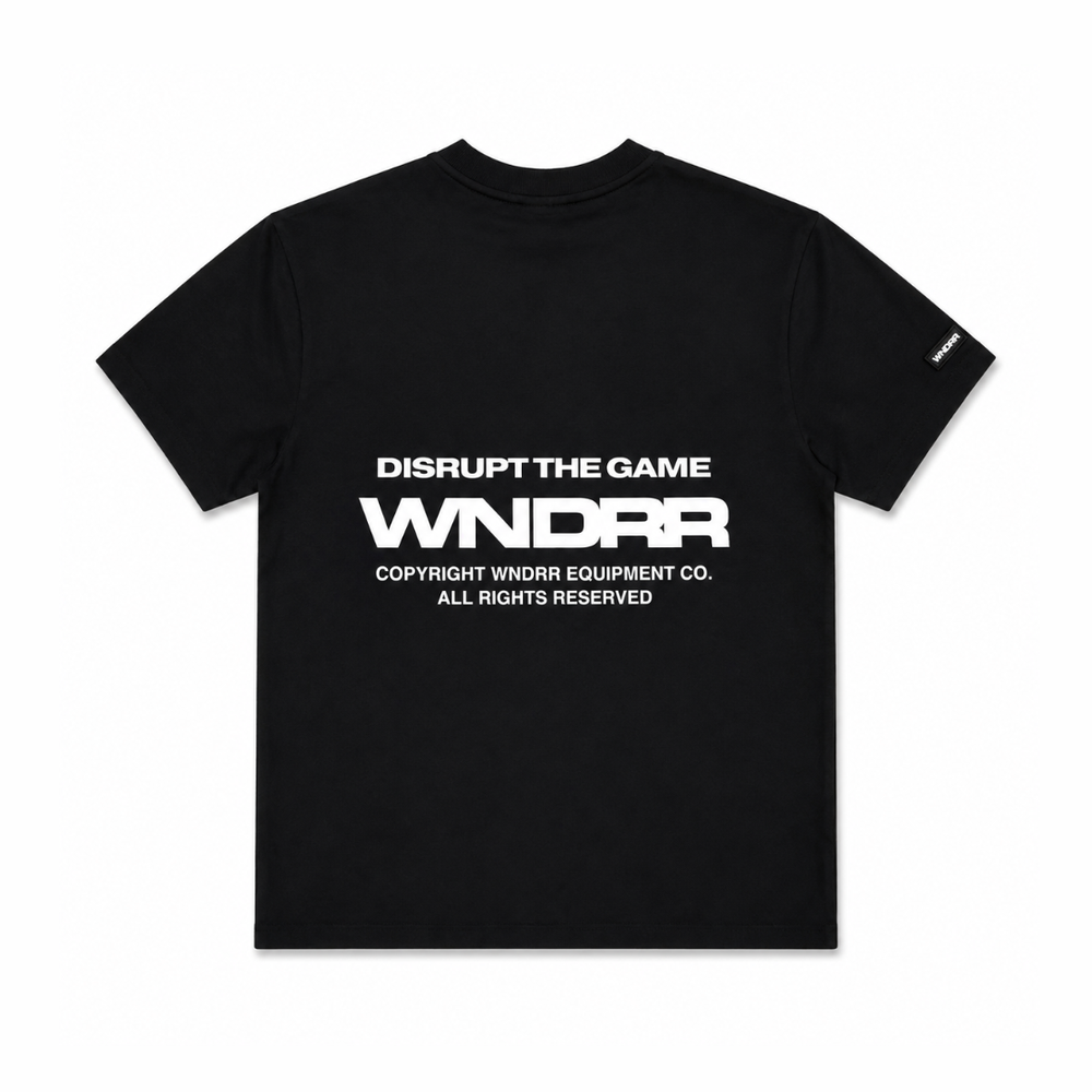 Black WNDRR Refrain box fit tee back view with bold white 'DISRUPT THE GAME' graphic and crew neck