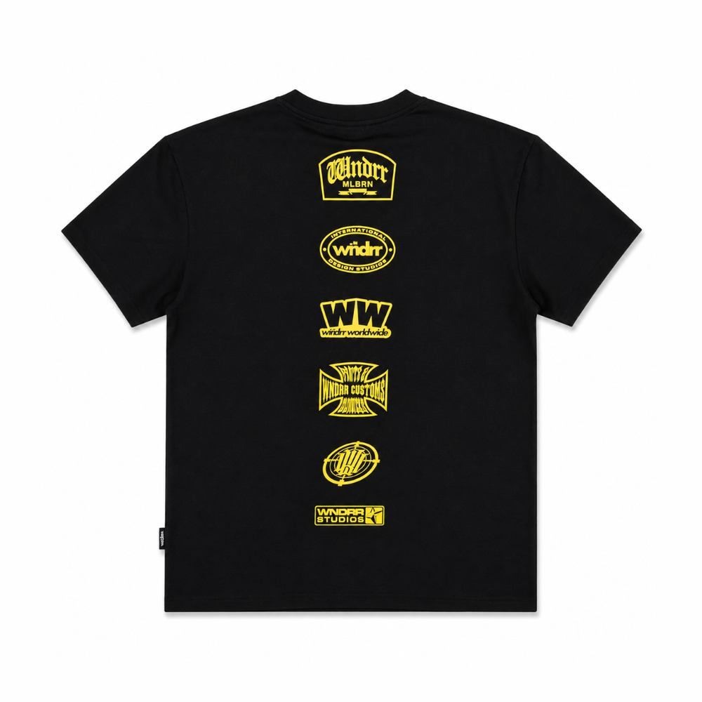 WNDRR Union Box Fit Tee black back view with vertical column of seven yellow graphic logos