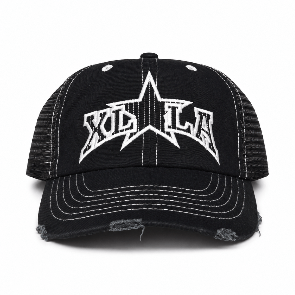XLarge LA Star Low Pro Trucker Cap black with embroidered logo, distressed brim edges, and mesh back panels