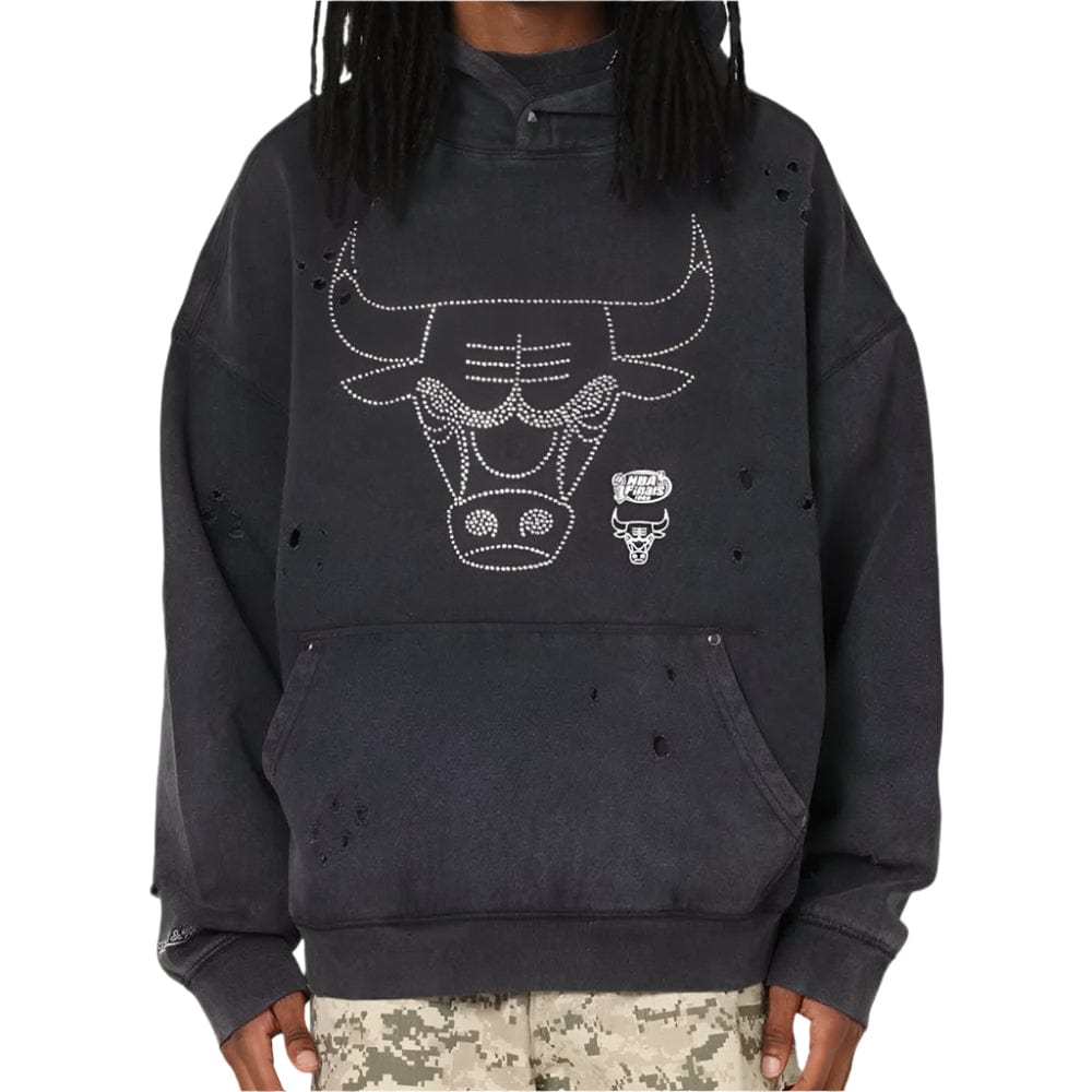 Mitchell & Ness Chicago Bulls Distressed Rhinestone Logo Hoodie - Faded Black