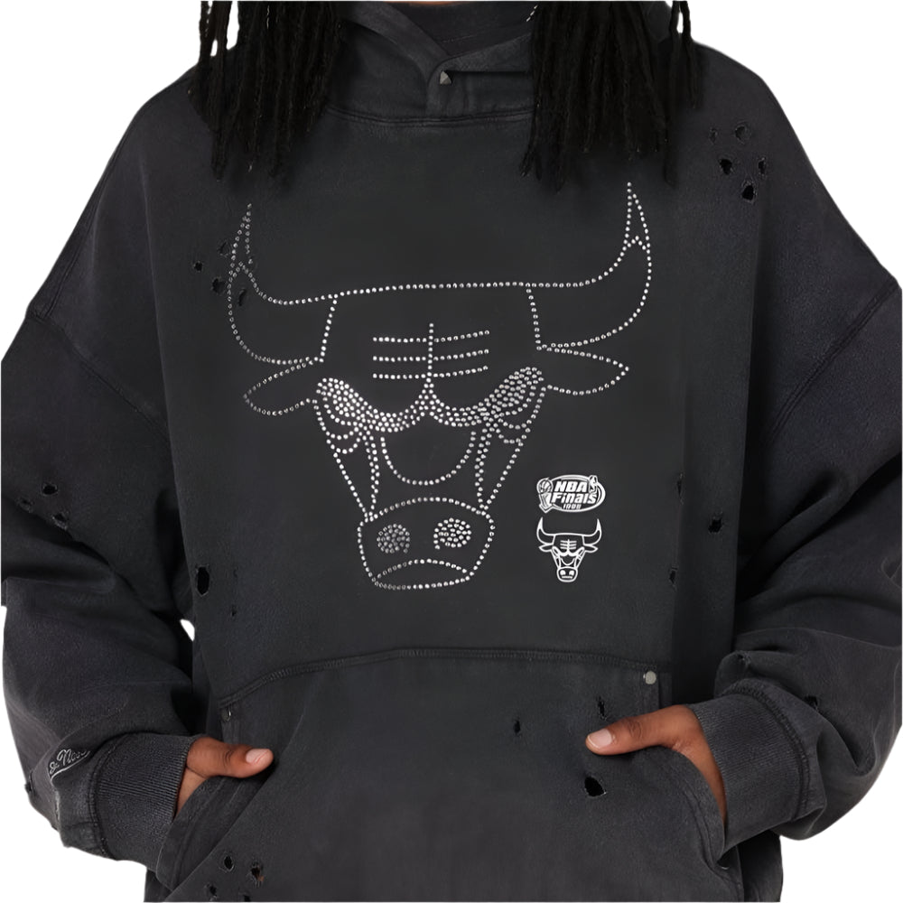 Mitchell & Ness Chicago Bulls Distressed Rhinestone Logo Hoodie - Faded Black - Front Side
