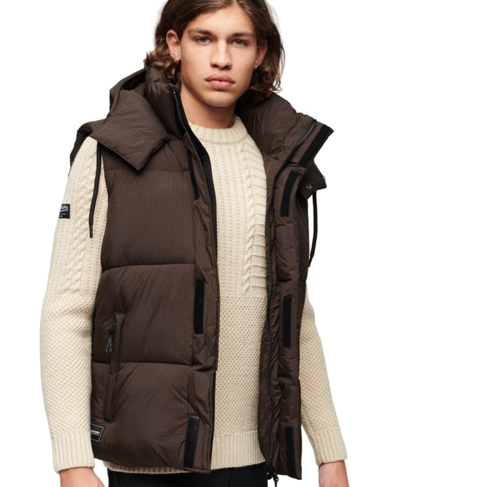 Superdry Hooded Ripstop Puffer Vest - Dark Oak Grid