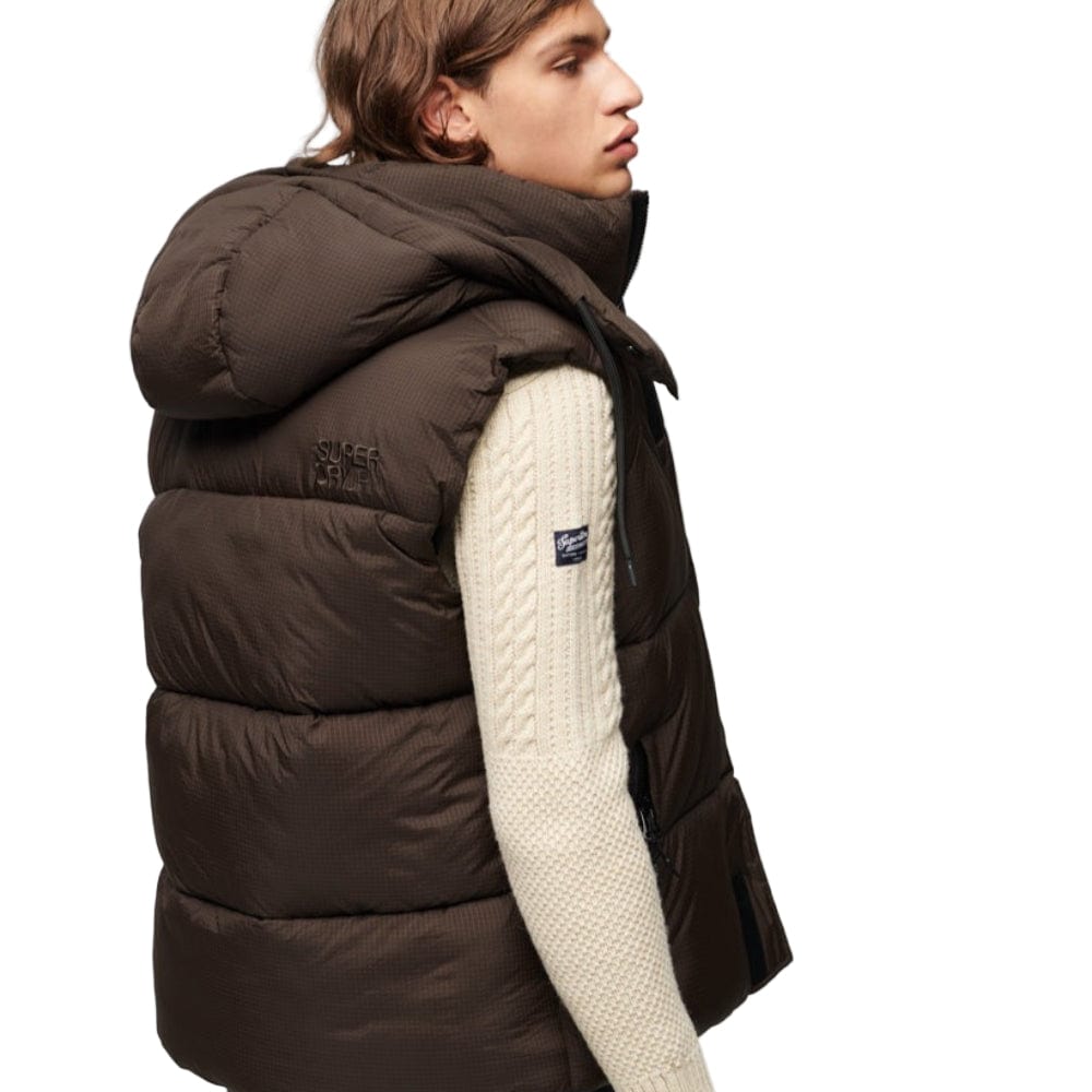 Superdry Hooded Ripstop Puffer Vest - Dark Oak Grid