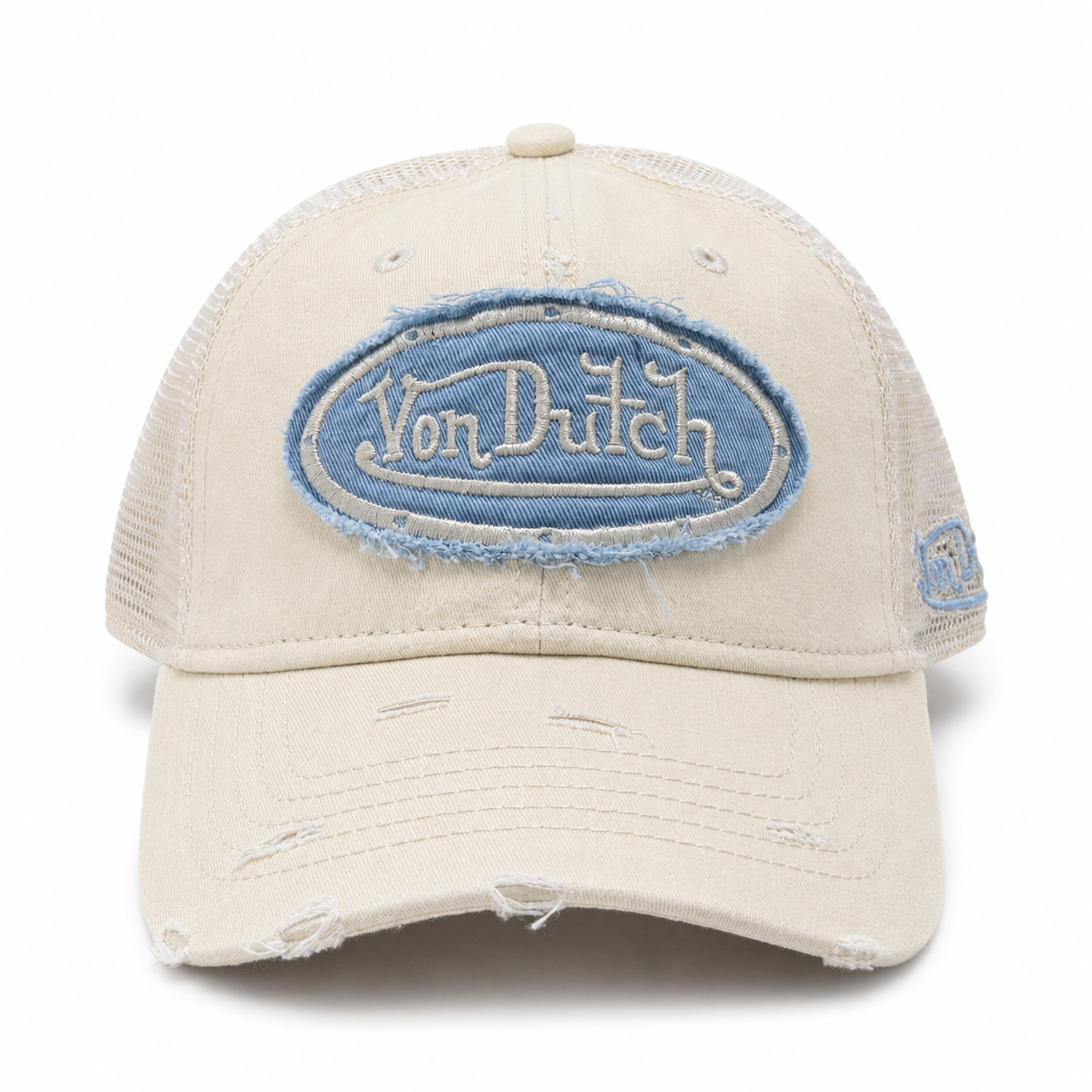 Von Dutch Distressed Trucker Cap - Ecru / Light Blue