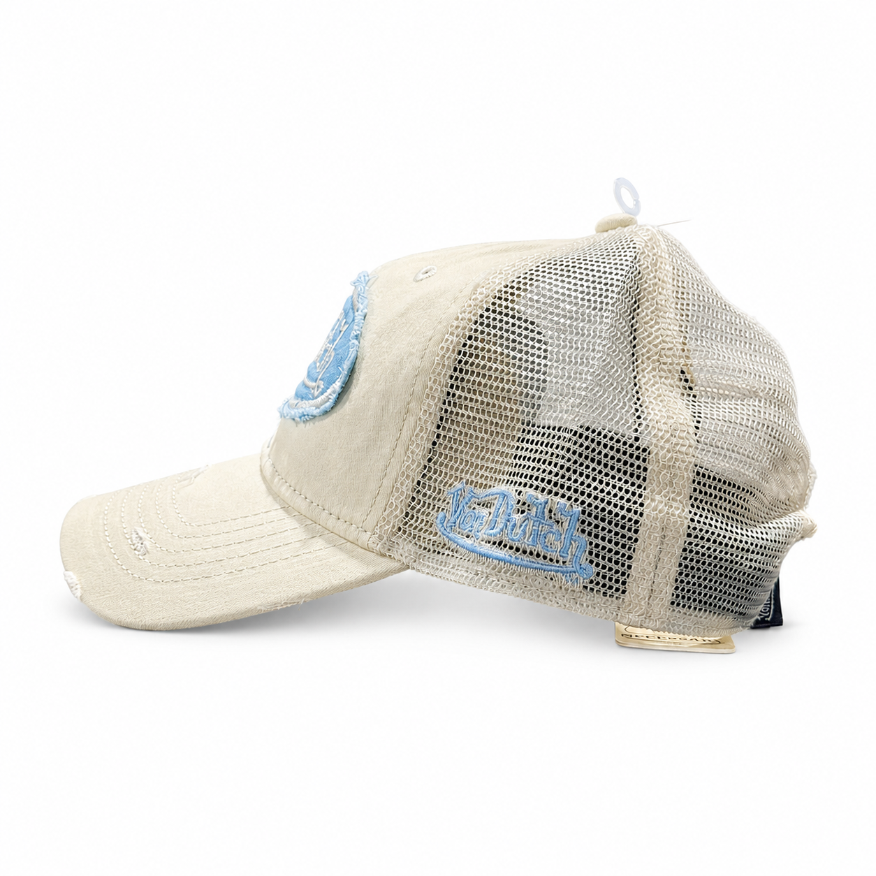 Von Dutch Distressed Trucker Cap - Ecru / Light Blue - Image 2