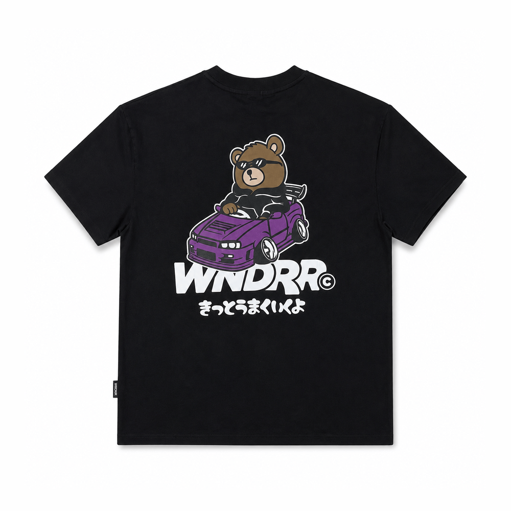 WNDRR black box fit tee with bear driving purple car graphic and Japanese text back view
