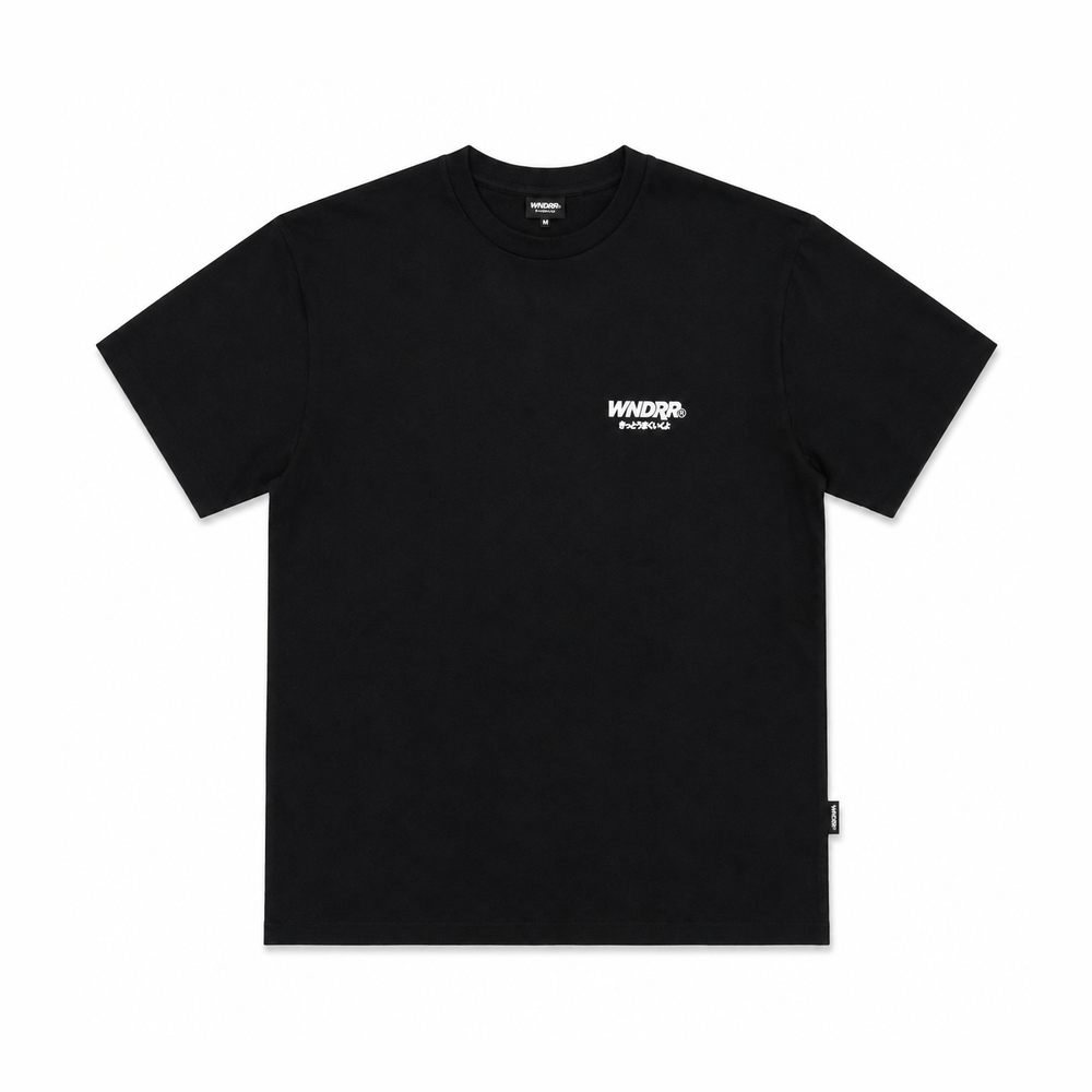 WNDRR black box fit men's tee front view with small chest logo and size M label