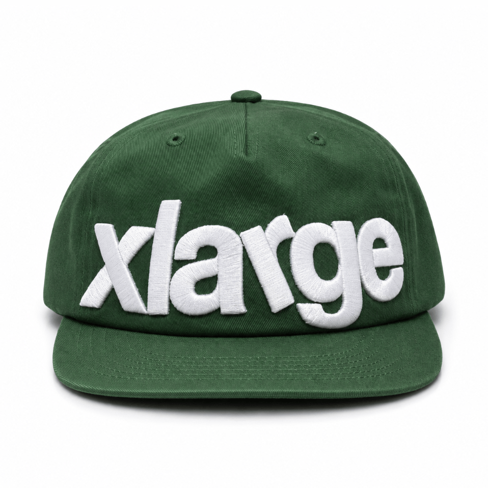 XLarge Elm green five-panel snapback cap with raised white 3D embroidered logo and cotton twill texture