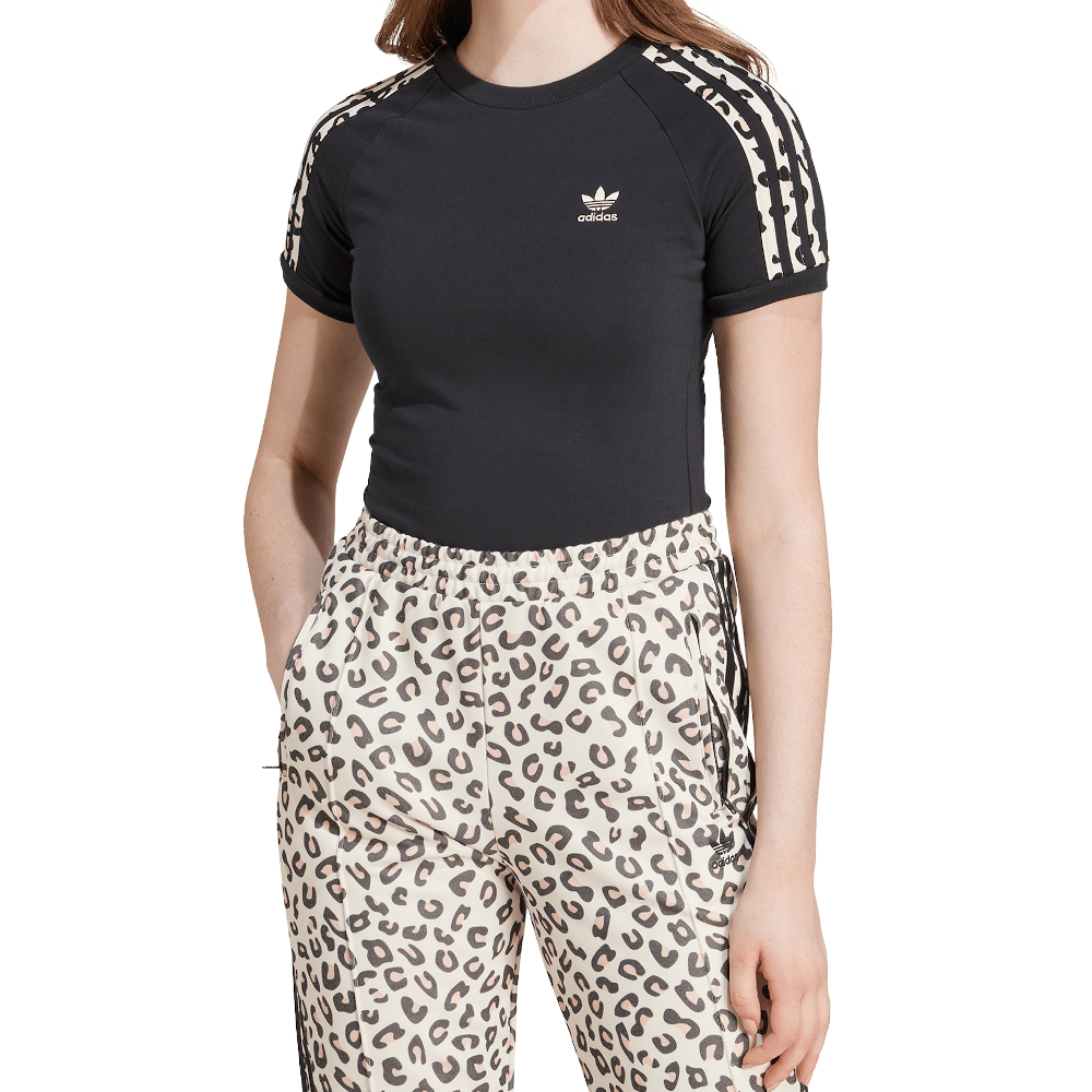 adidas Womens Leopard 3-Stripes Tee - Black