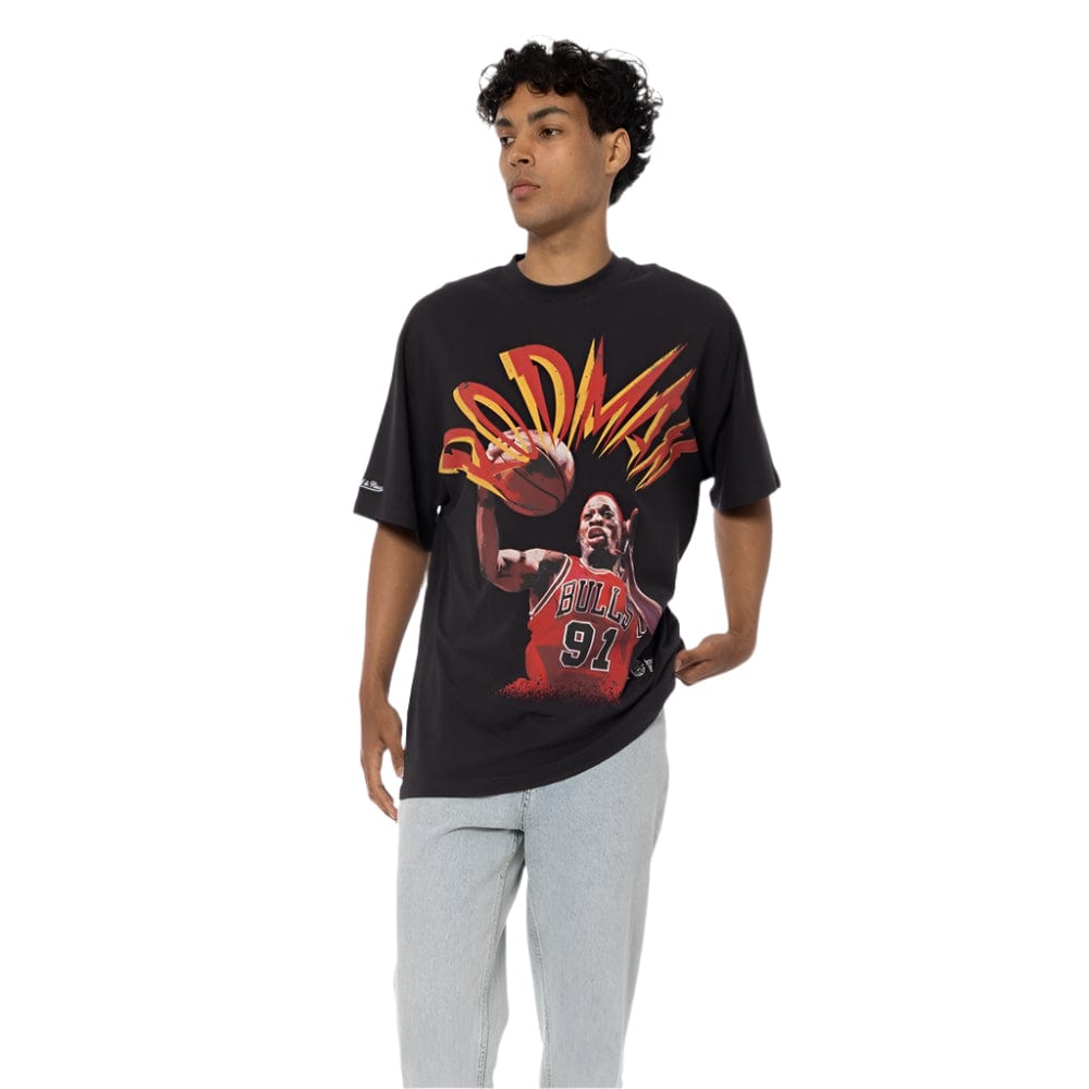 Mitchell & Ness Blaze Tee – Dennis Rodman Chicago Bulls, Faded Black, worn on body, showcasing vintage fit, bold team graphics, and soft washed fabric