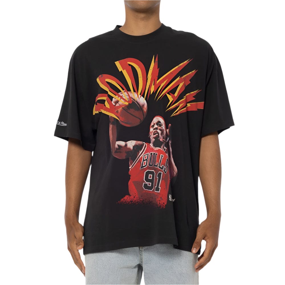Front view of Mitchell & Ness Blaze Tee – Dennis Rodman Chicago Bulls, Faded Black, featuring vintage-inspired design with Rodman’s name and team graphics